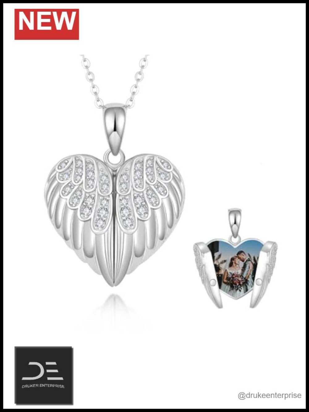 Sterling Silver Angel Wings Heart Locket Necklace 18+2" Chain